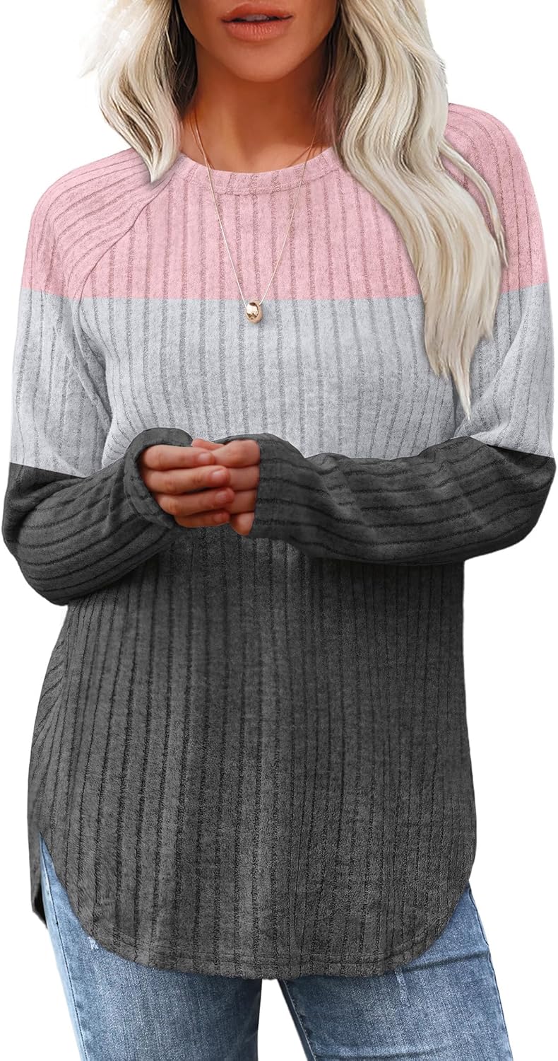 Saloogoe Long Sleeve Shirts for Women 2025 Fall Clothes Tunic Tops Loose Fit Dressy Crewneck Pullover Sweaters Curved Hem