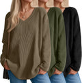 Velvelhall 3 Pack Women's Oversized Waffle Knit Shirts, V Neck Long Sleeve Top Fall Casual Sweatshirt for Women