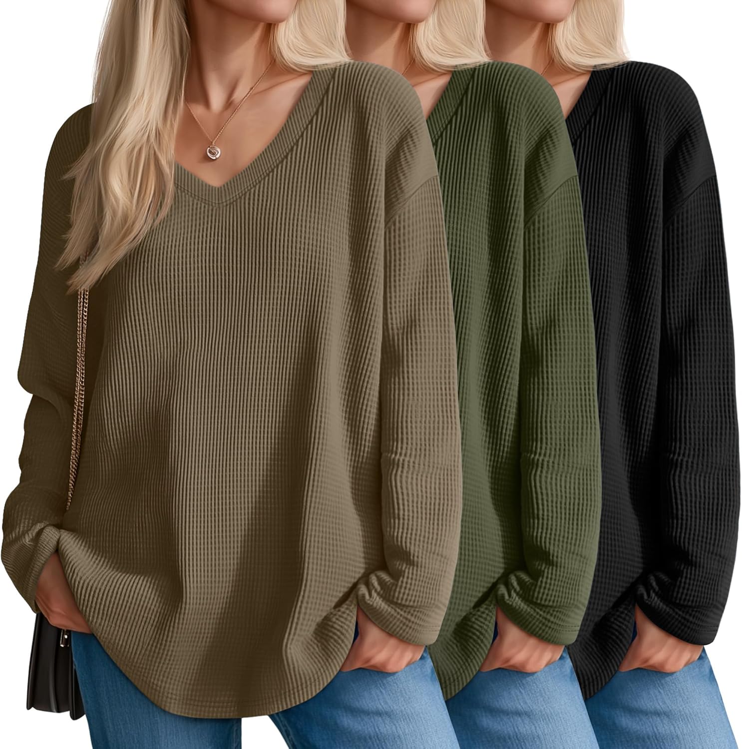 Velvelhall 3 Pack Women's Oversized Waffle Knit Shirts, V Neck Long Sleeve Top Fall Casual Sweatshirt for Women