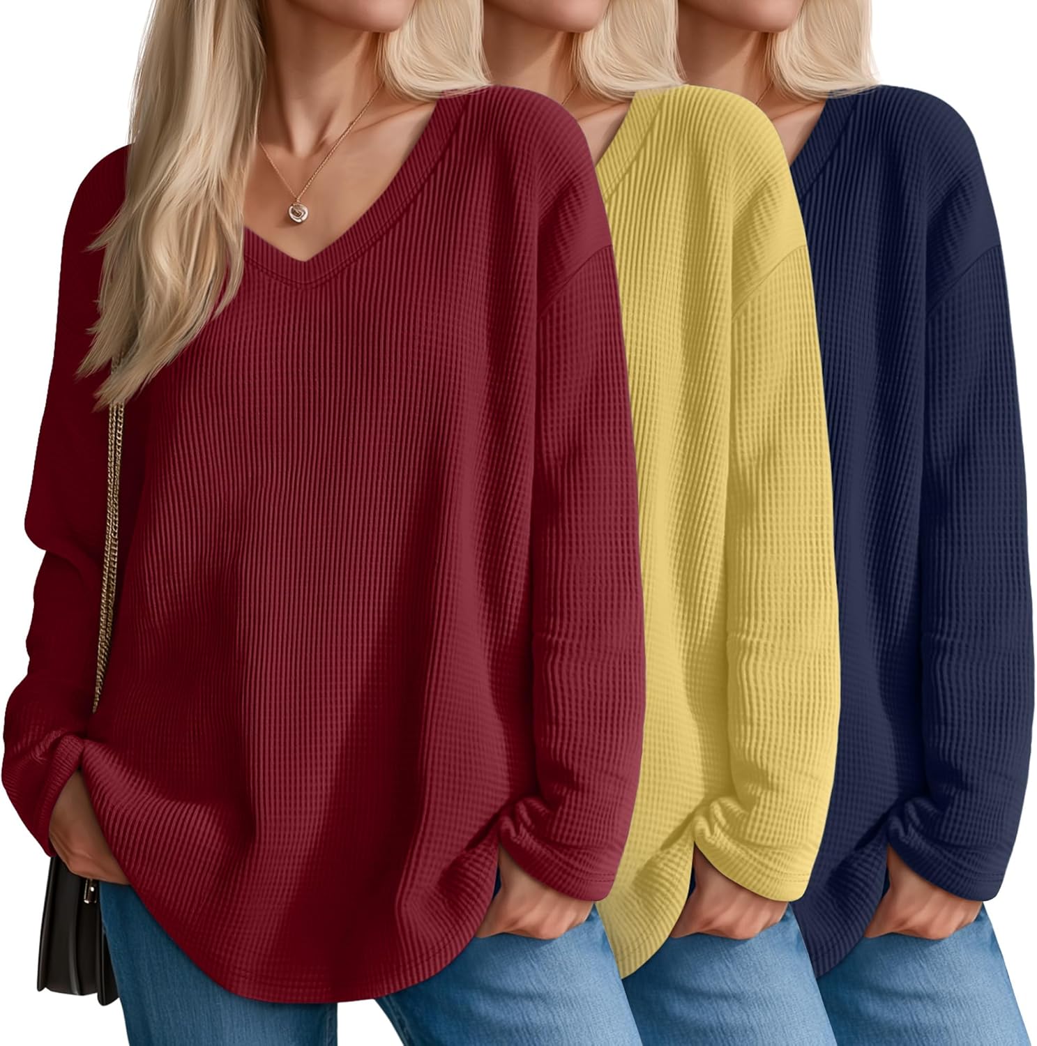 Velvelhall 3 Pack Women's Oversized Waffle Knit Shirts, V Neck Long Sleeve Top Fall Casual Sweatshirt for Women