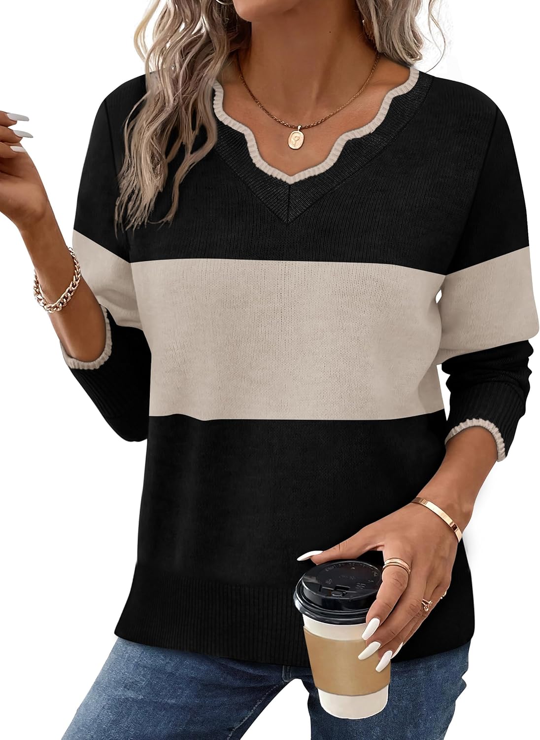 OFEEFAN Womens V Neck Sweaters Pullover Cozy Lightweight Sweaters Long Sleeve Tops Fall Outfits 2025