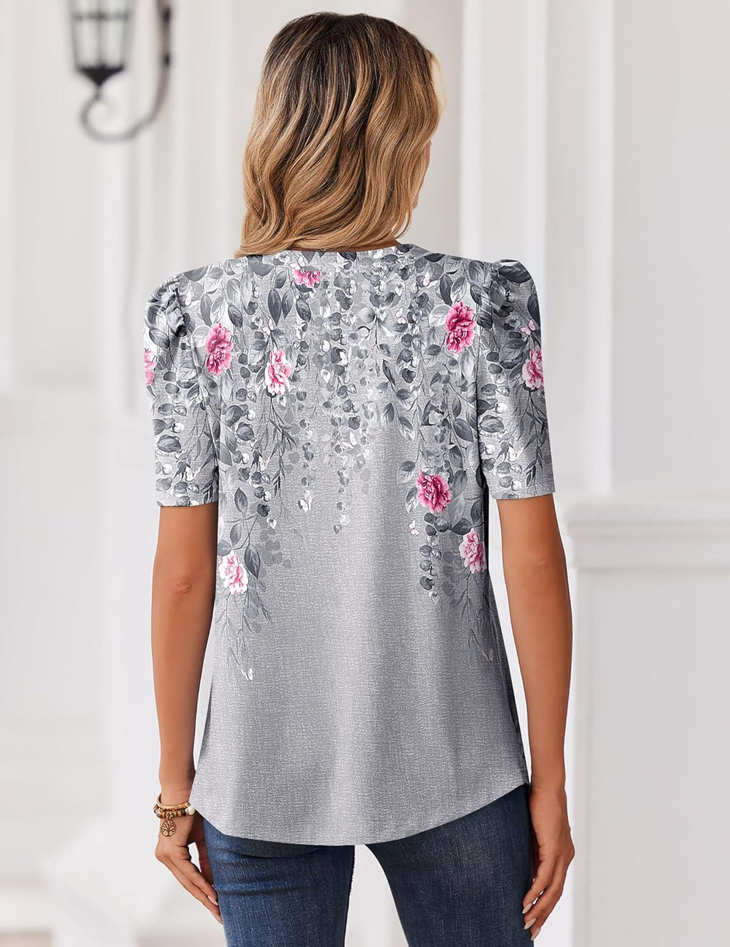 Zeagoo Women Blouses Puff Short Sleeve Tops V Neck Dressy Casual Spring Shirts Boho Floral Cute Clothes 2026