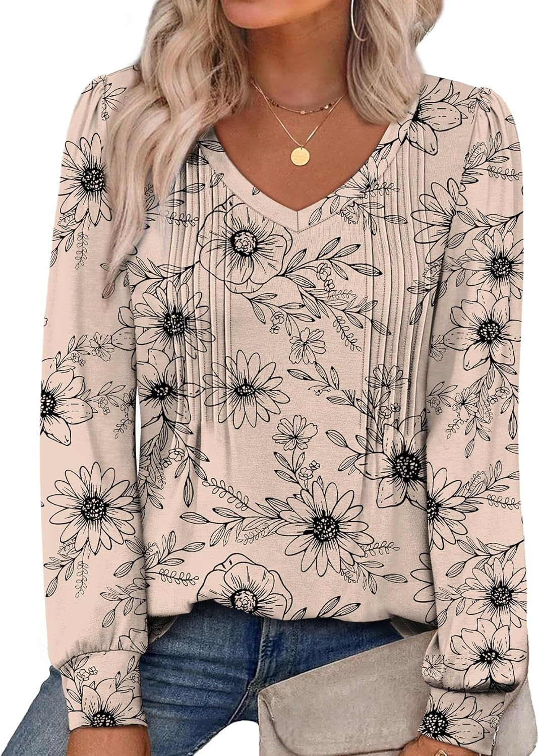 Alaroo Womens Long Sleeve Shirts Pleated V Neck Curved Hem Fall Winter Tunic Tops Blouses Print