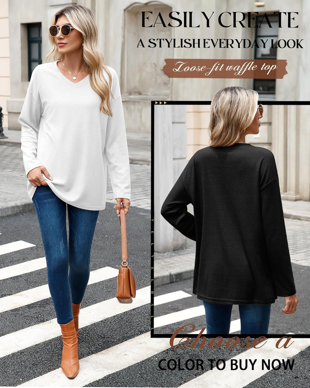 Velvelhall 3 Pack Women's Oversized Waffle Knit Shirts, V Neck Long Sleeve Top Fall Casual Sweatshirt for Women