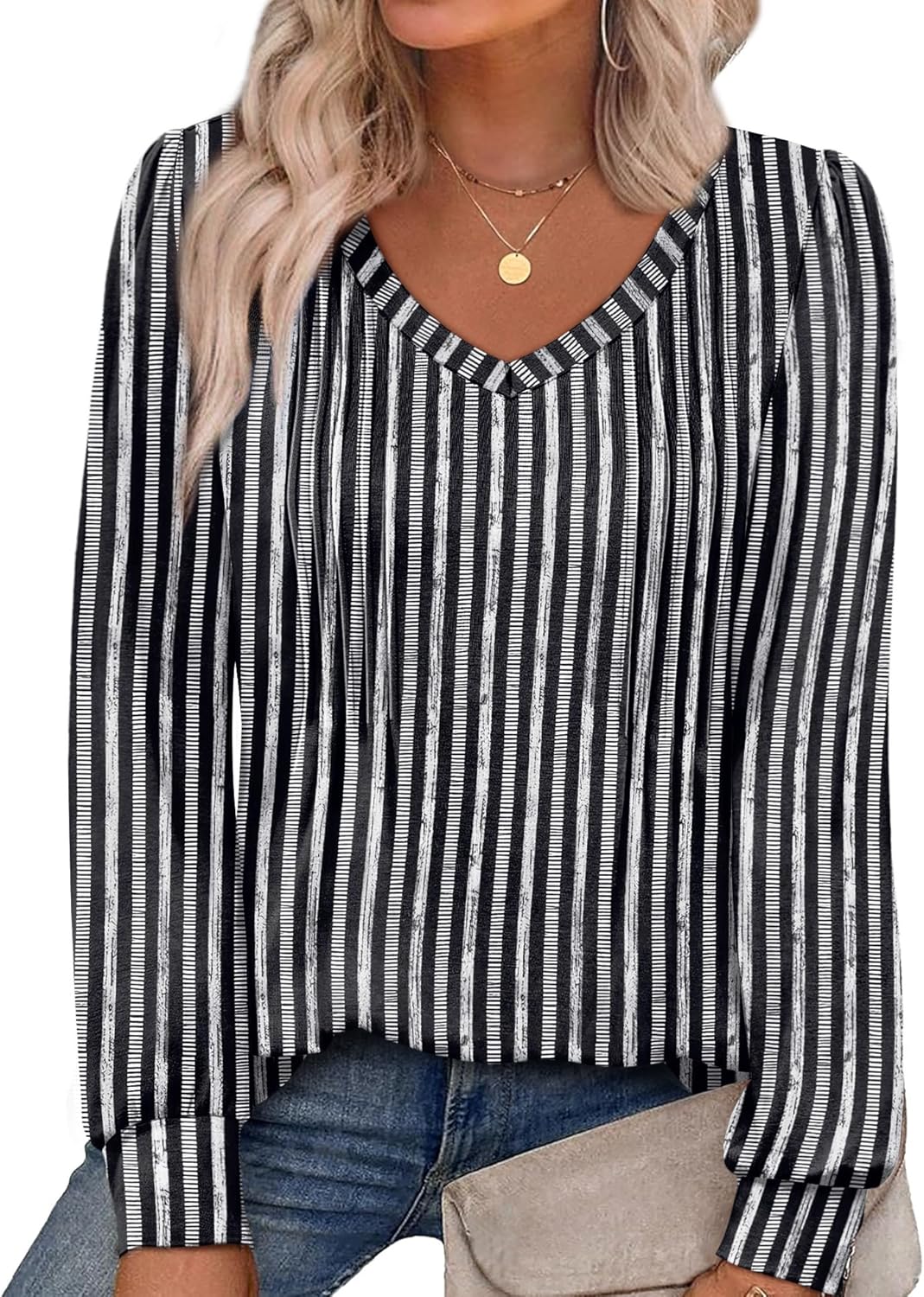 Alaroo Womens Long Sleeve Shirts Pleated V Neck Curved Hem Fall Winter Tunic Tops Blouses Print