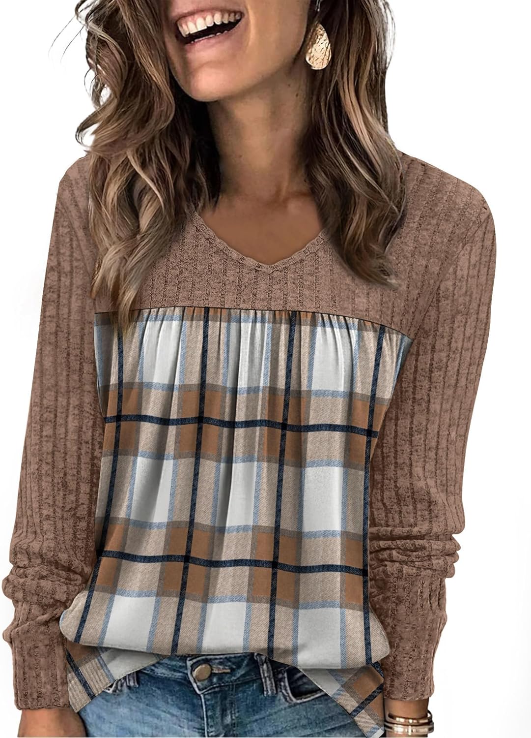 WIHOLL Long Sleeve Shirts for Women V Neck Lightweight Sweaters Casual Tunic Tops Outfits Fall Fashion Clothes 2025