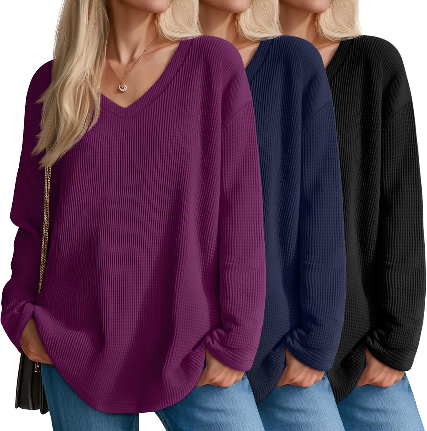 Velvelhall 3 Pack Women's Oversized Waffle Knit Shirts, V Neck Long Sleeve Top Fall Casual Sweatshirt for Women