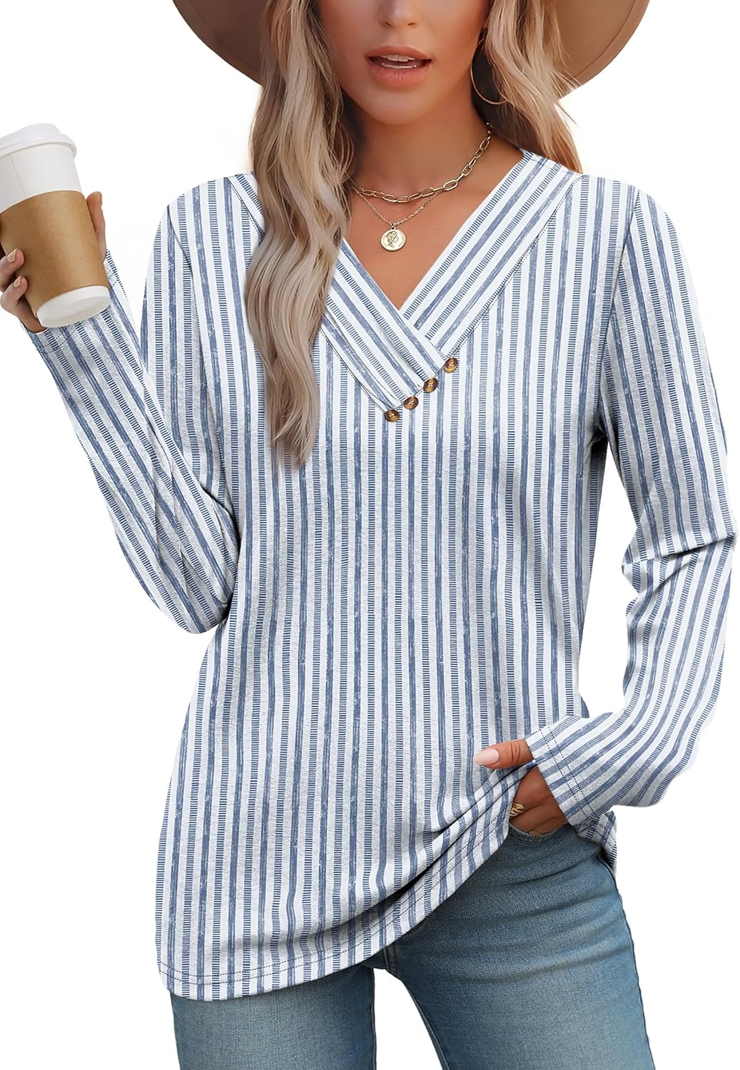 WIHOLL Long Sleeve Shirts for Women Fall Outfits V Neck T Shirts Button Down Tunic Tops Fashion Clothing