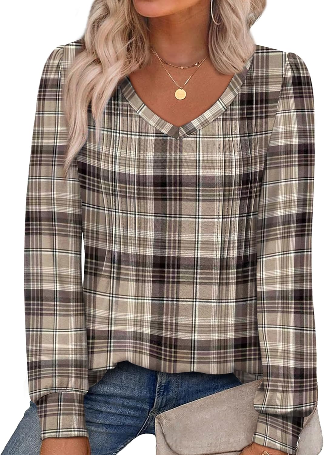 Alaroo Womens Long Sleeve Shirts Pleated V Neck Curved Hem Fall Winter Tunic Tops Blouses Print