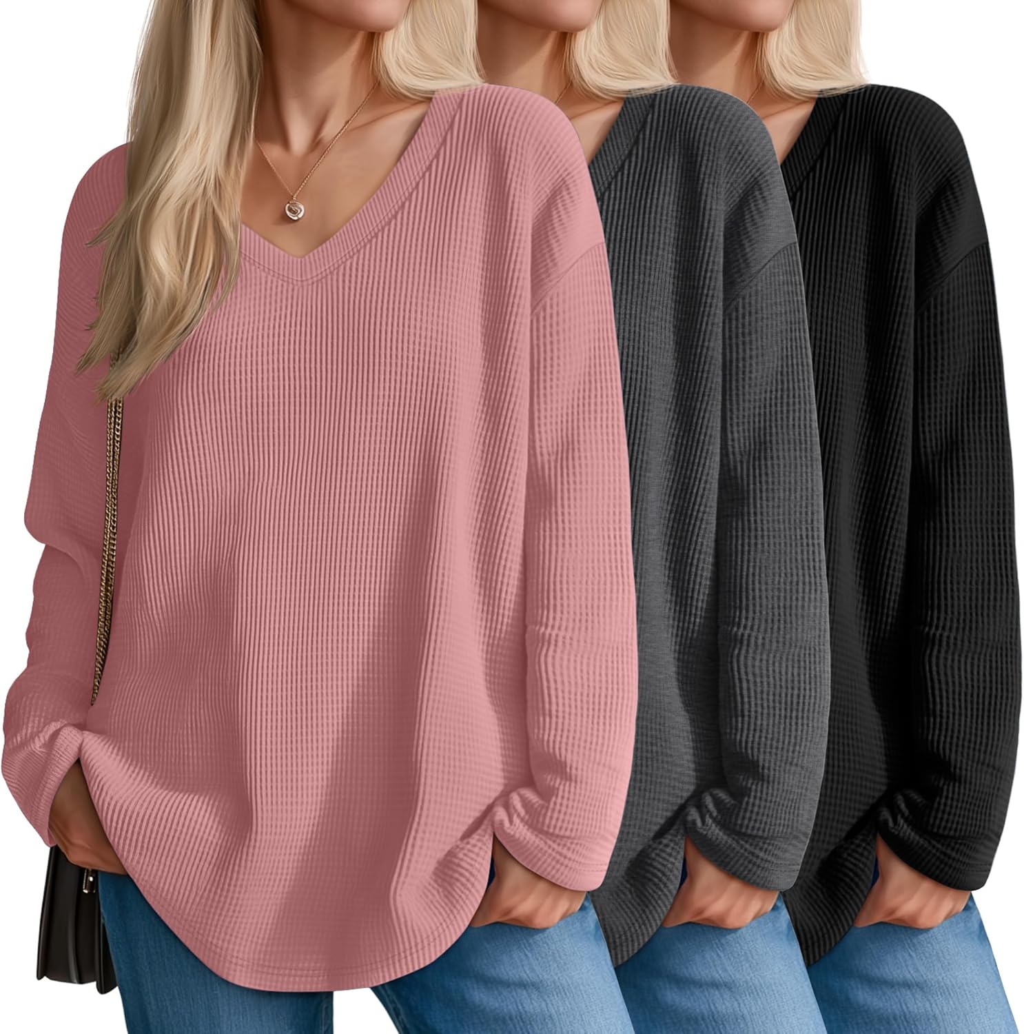 Velvelhall 3 Pack Women's Oversized Waffle Knit Shirts, V Neck Long Sleeve Top Fall Casual Sweatshirt for Women