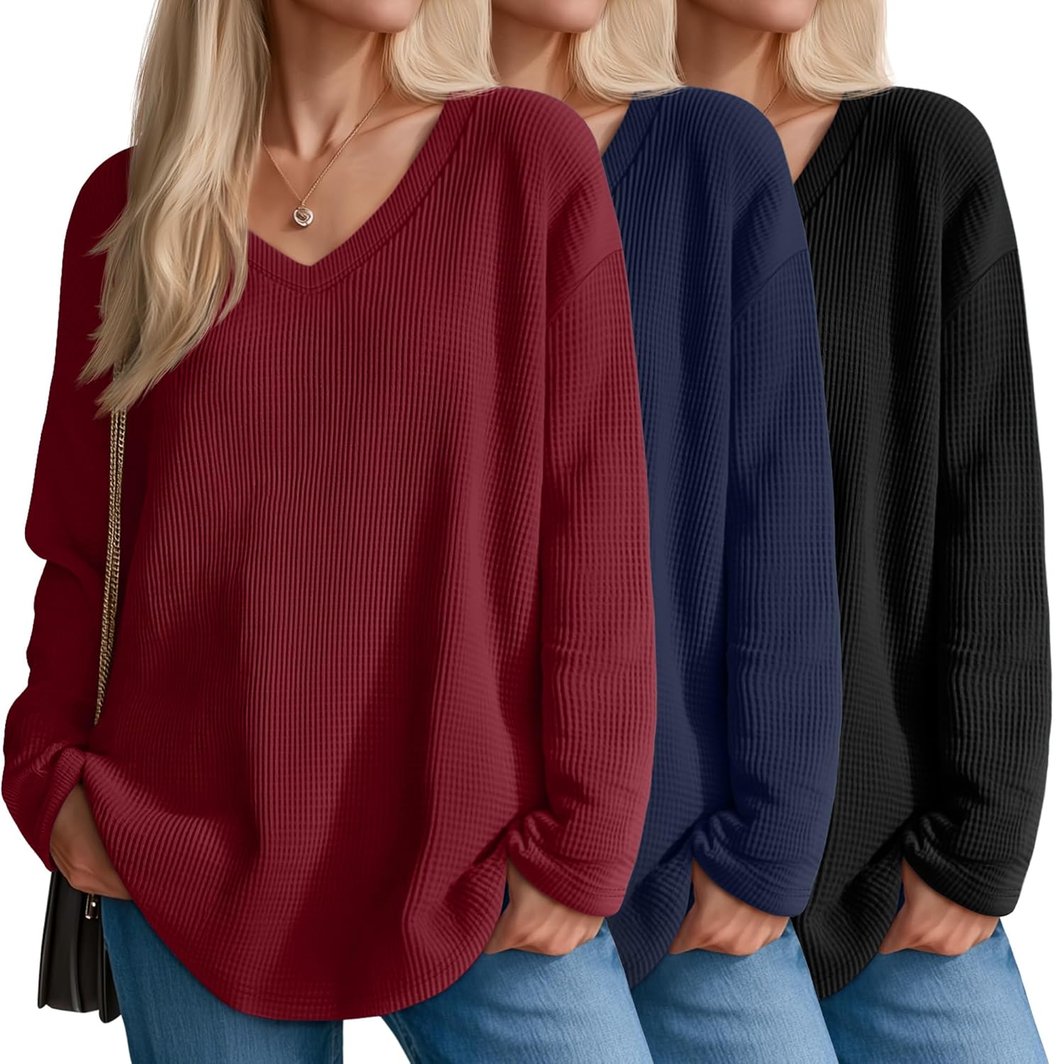 Velvelhall 3 Pack Women's Oversized Waffle Knit Shirts, V Neck Long Sleeve Top Fall Casual Sweatshirt for Women