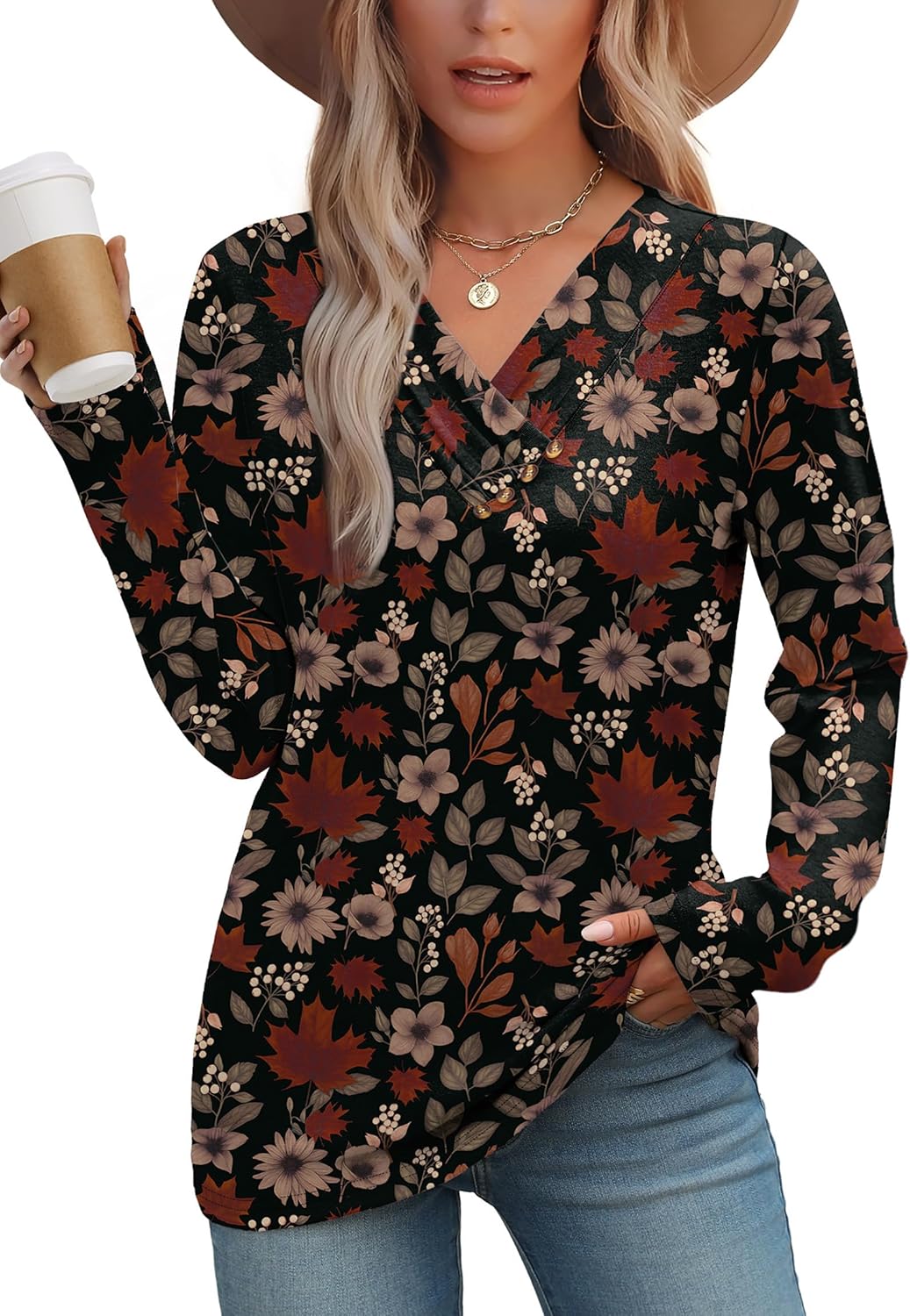 WIHOLL Long Sleeve Shirts for Women Fall Outfits V Neck T Shirts Button Down Tunic Tops Fashion Clothing