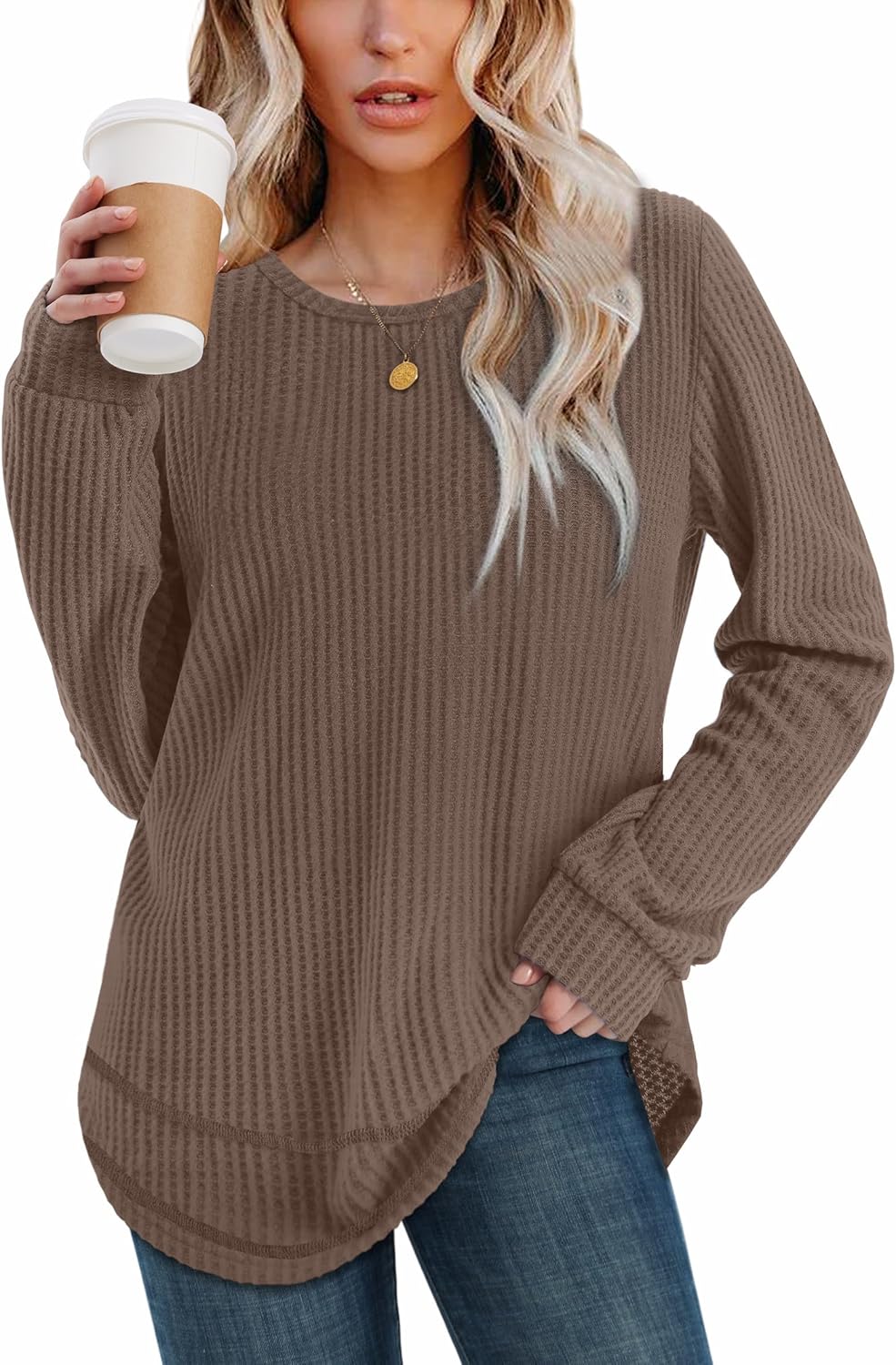 WIHOLL Tunic Tops for Women Loose Fit Dressy Waffle Knit Long Sleeve Shirts Trendy Fall Fashion Crewneck Sweaters Curved Hem