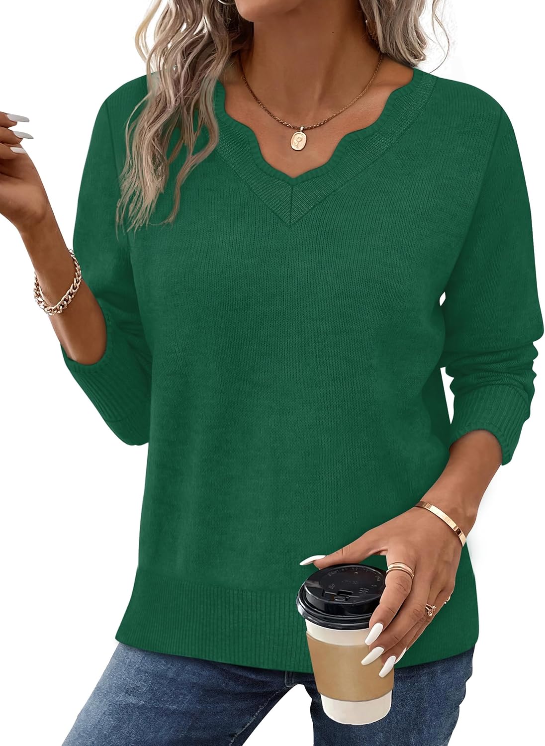 OFEEFAN Womens V Neck Sweaters Pullover Cozy Lightweight Sweaters Long Sleeve Tops Fall Outfits 2025