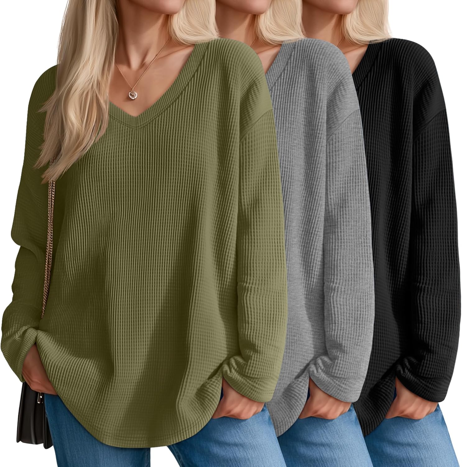 Velvelhall 3 Pack Women's Oversized Waffle Knit Shirts, V Neck Long Sleeve Top Fall Casual Sweatshirt for Women
