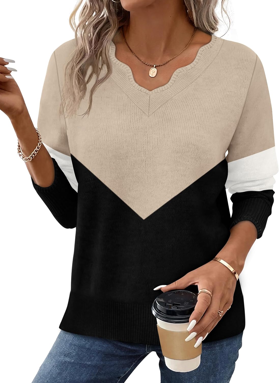 OFEEFAN Womens V Neck Sweaters Pullover Cozy Lightweight Sweaters Long Sleeve Tops Fall Outfits 2025