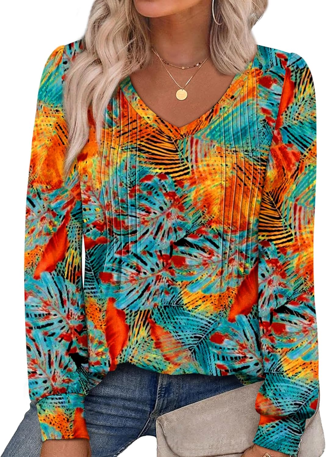 Alaroo Womens Long Sleeve Shirts Pleated V Neck Curved Hem Fall Winter Tunic Tops Blouses Print