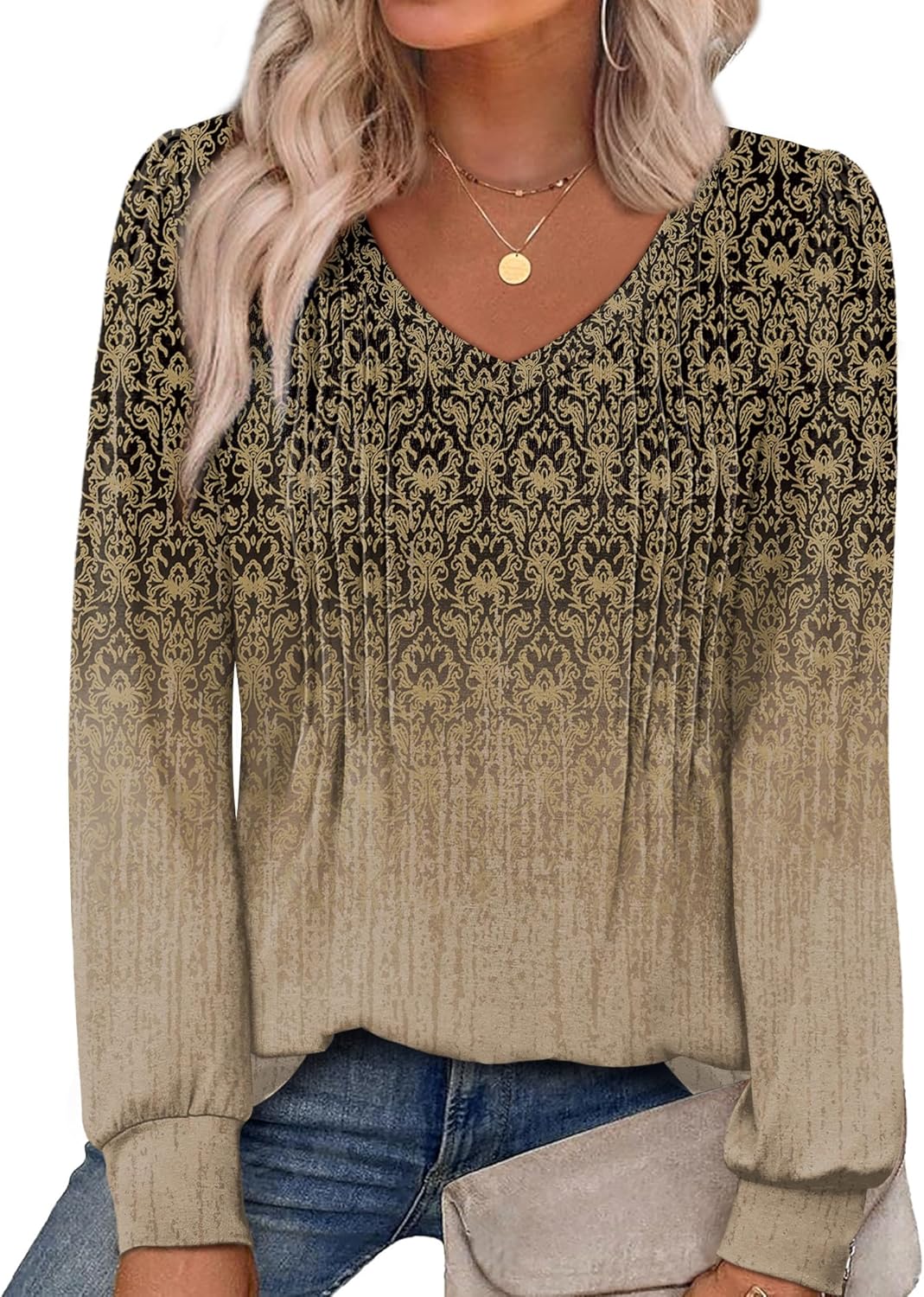 Alaroo Womens Long Sleeve Shirts Pleated V Neck Curved Hem Fall Winter Tunic Tops Blouses Print