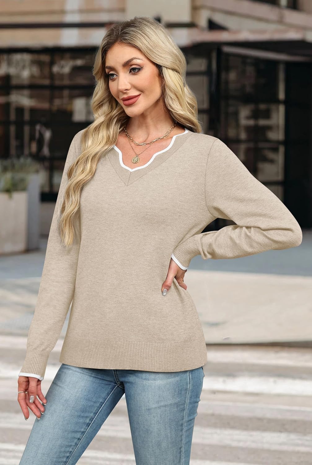 OFEEFAN Womens V Neck Sweaters Pullover Cozy Lightweight Sweaters Long Sleeve Tops Fall Outfits 2025