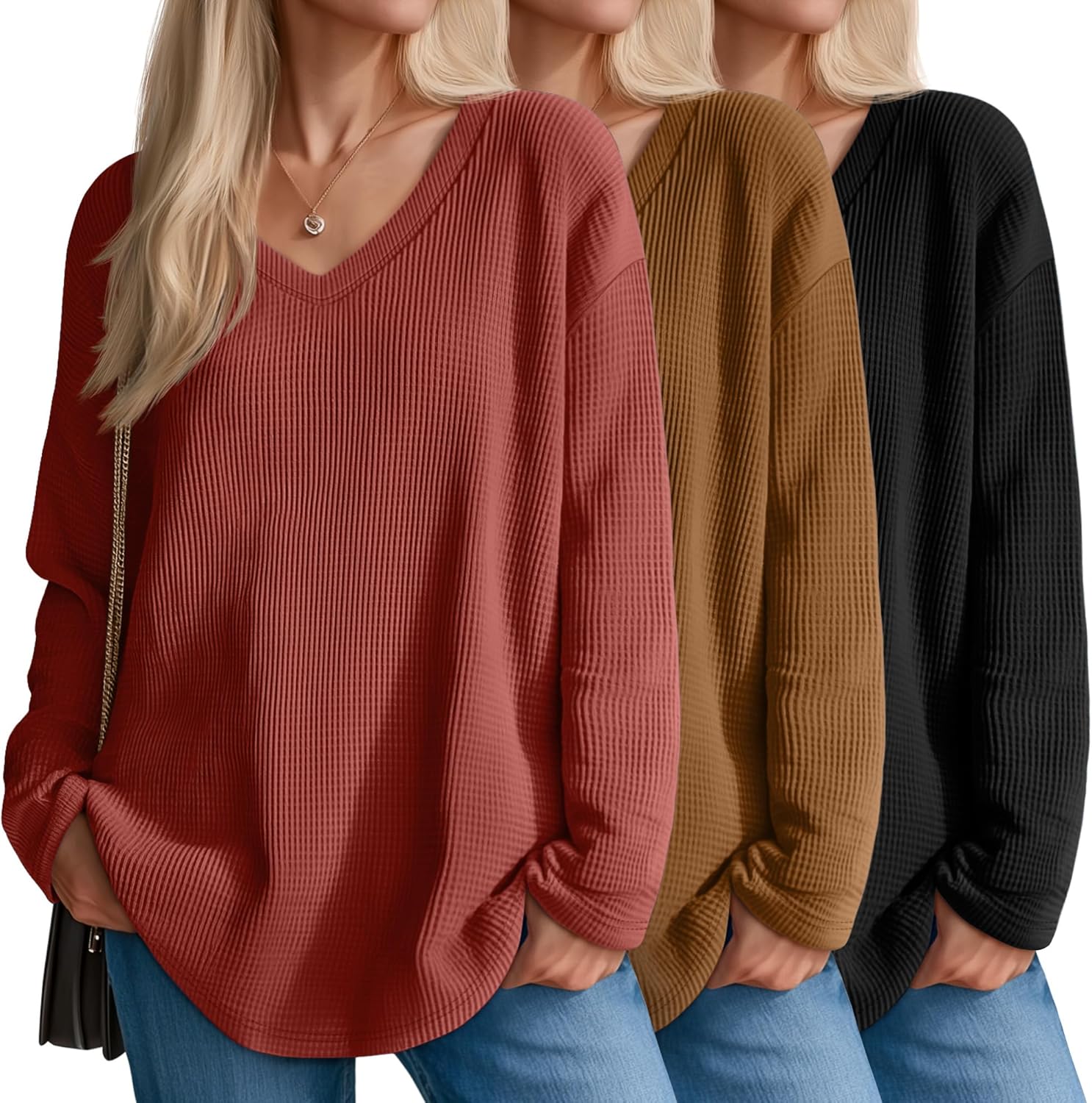 Velvelhall 3 Pack Women's Oversized Waffle Knit Shirts, V Neck Long Sleeve Top Fall Casual Sweatshirt for Women