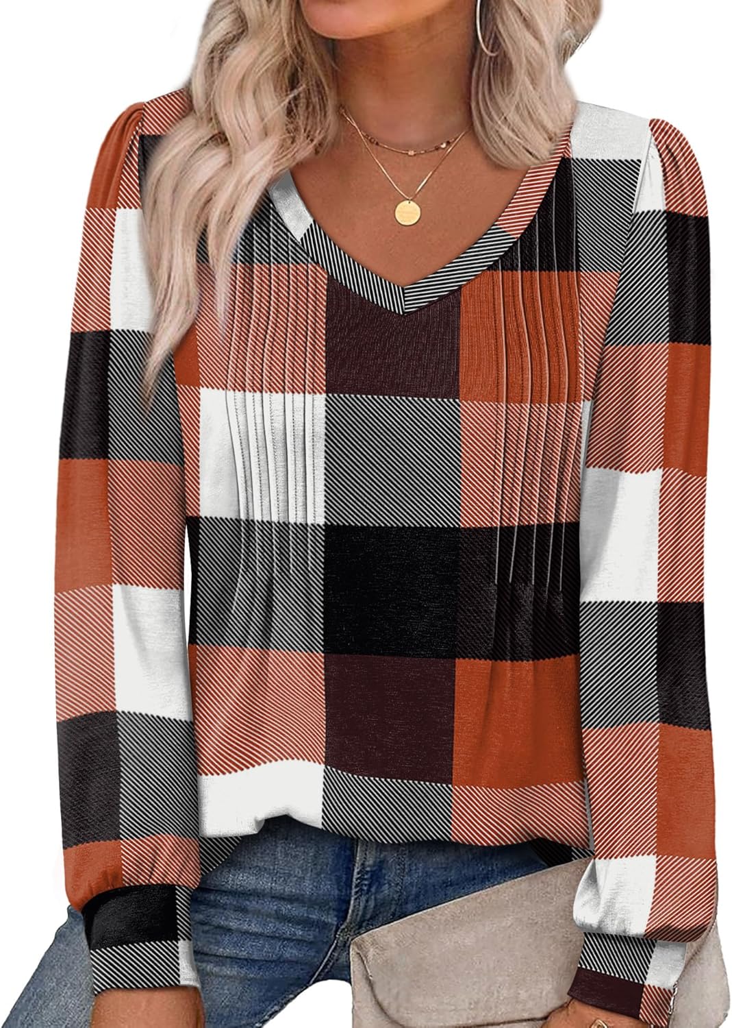 Alaroo Womens Long Sleeve Shirts Pleated V Neck Curved Hem Fall Winter Tunic Tops Blouses Print