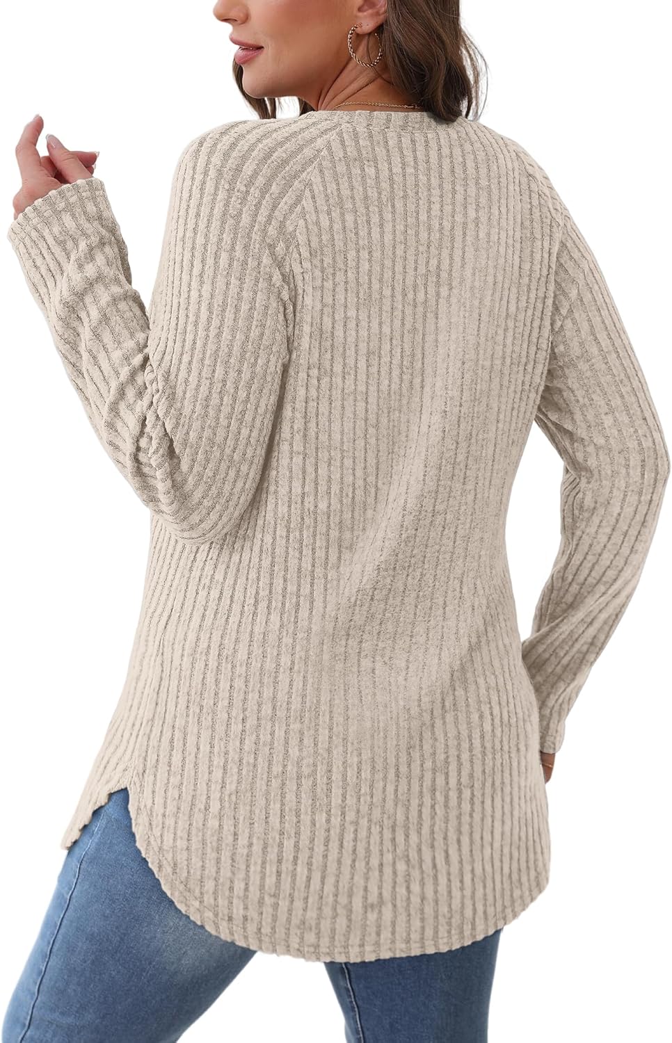 Saloogoe Long Sleeve Shirts for Women 2025 Fall Clothes Tunic Tops Loose Fit Dressy Crewneck Pullover Sweaters Curved Hem