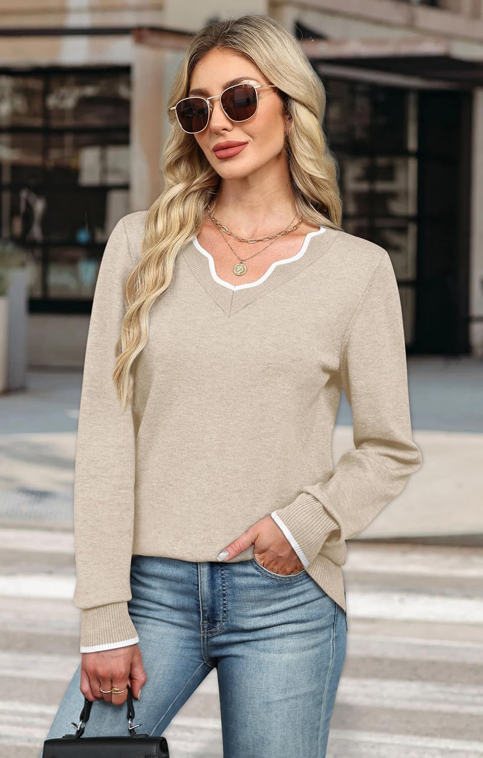OFEEFAN Womens V Neck Sweaters Pullover Cozy Lightweight Sweaters Long Sleeve Tops Fall Outfits 2025