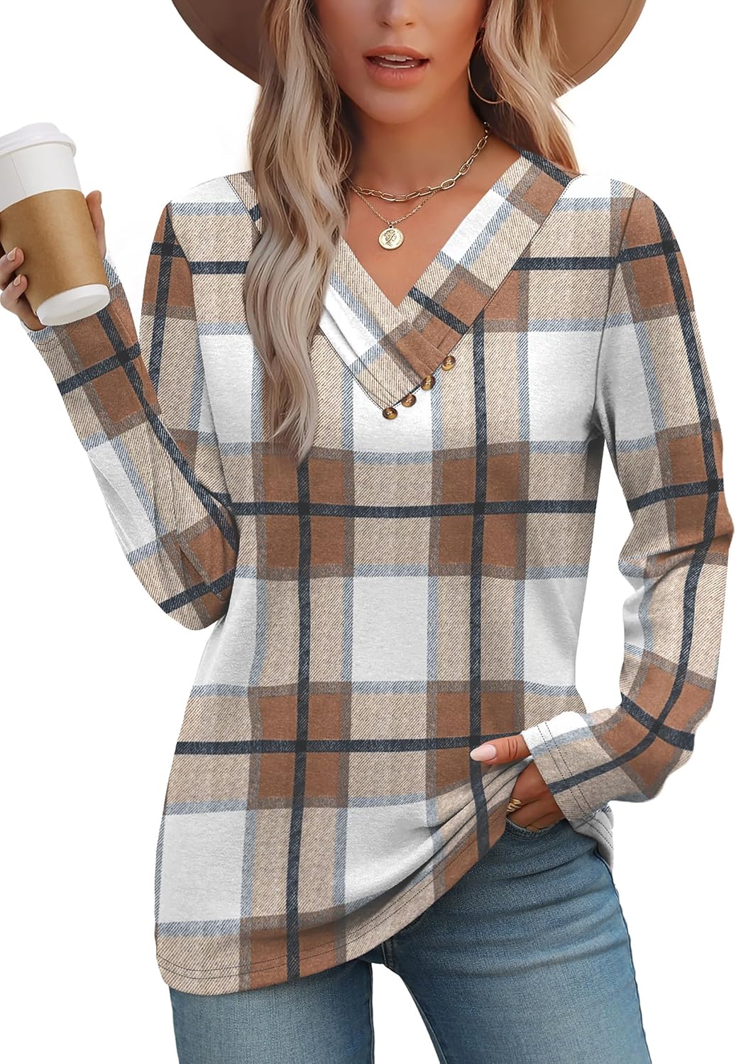 WIHOLL Long Sleeve Shirts for Women Fall Outfits V Neck T Shirts Button Down Tunic Tops Fashion Clothing