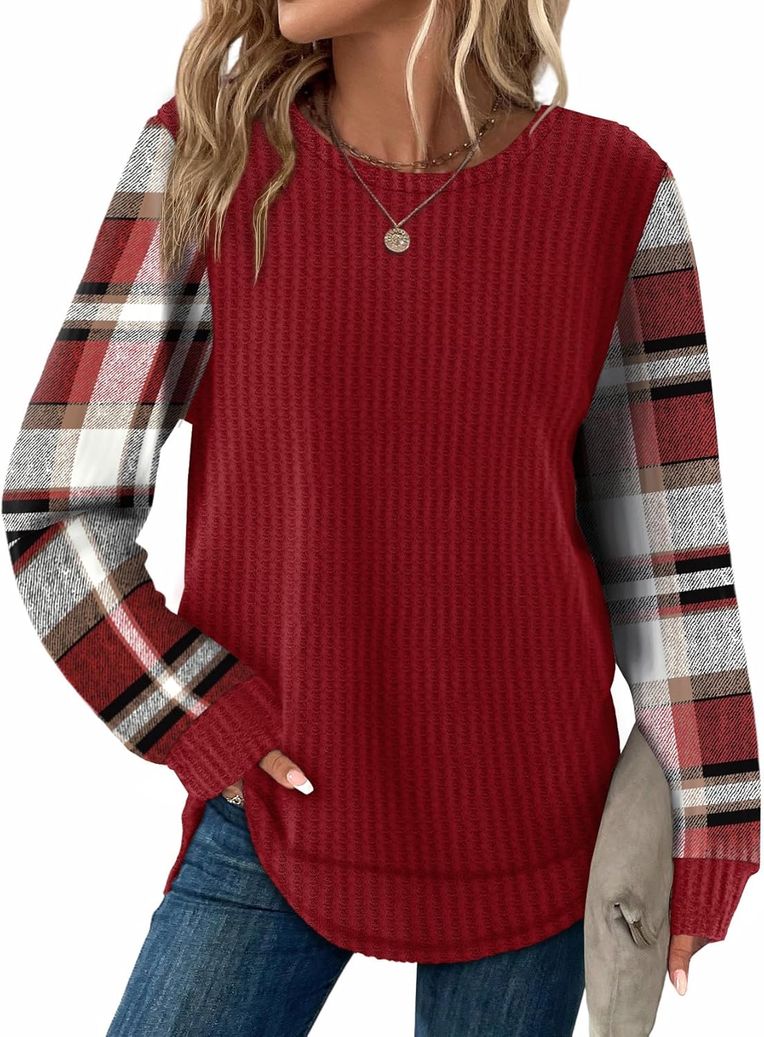 WIHOLL Tunic Tops for Women Loose Fit Dressy Waffle Knit Long Sleeve Shirts Trendy Fall Fashion Crewneck Sweaters Curved Hem