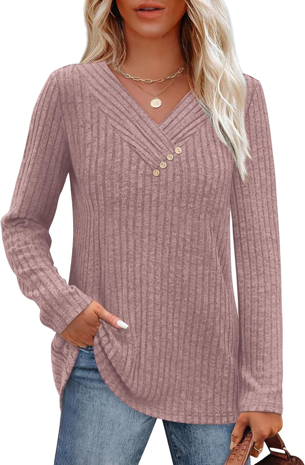 SAMPEEL Sweaters for Women Long Sleeve Shirts V Neck Tops with Buttons Fall Fashion Outfits Winter Clothing 2025