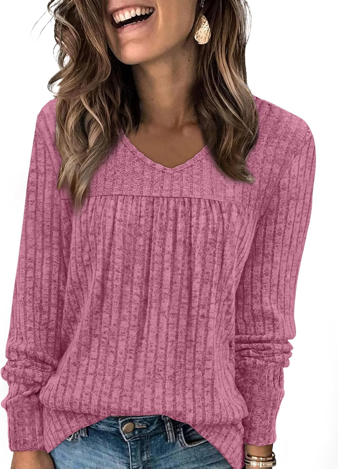 WIHOLL Long Sleeve Shirts for Women V Neck Lightweight Sweaters Casual Tunic Tops Outfits Fall Fashion Clothes 2025