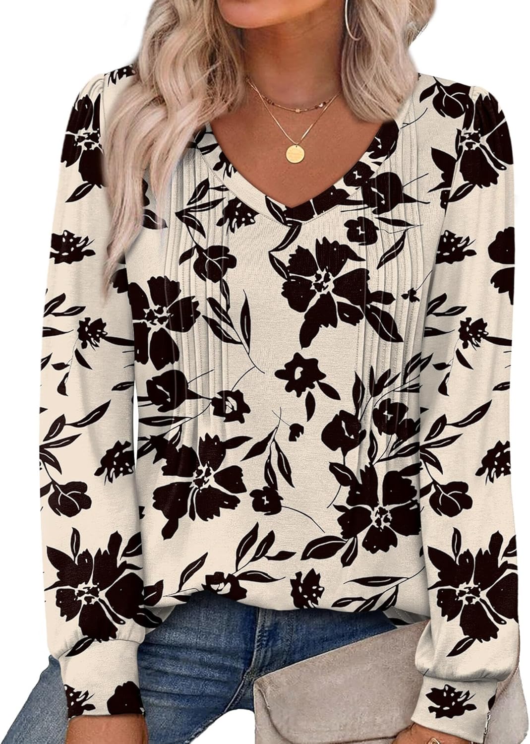 Alaroo Womens Long Sleeve Shirts Pleated V Neck Curved Hem Fall Winter Tunic Tops Blouses Print