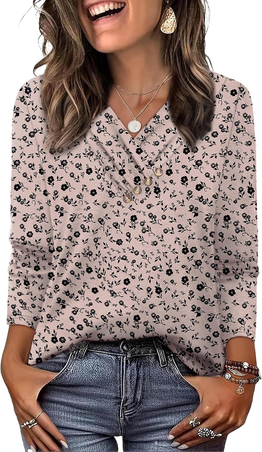 WIHOLL Long Sleeve Shirts for Women Fall Outfits V Neck T Shirts Button Down Tunic Tops Fashion Clothing