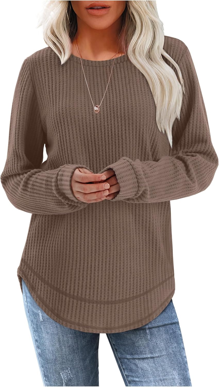 WIHOLL Tunic Tops for Women Loose Fit Dressy Waffle Knit Long Sleeve Shirts Trendy Fall Fashion Crewneck Sweaters Curved Hem