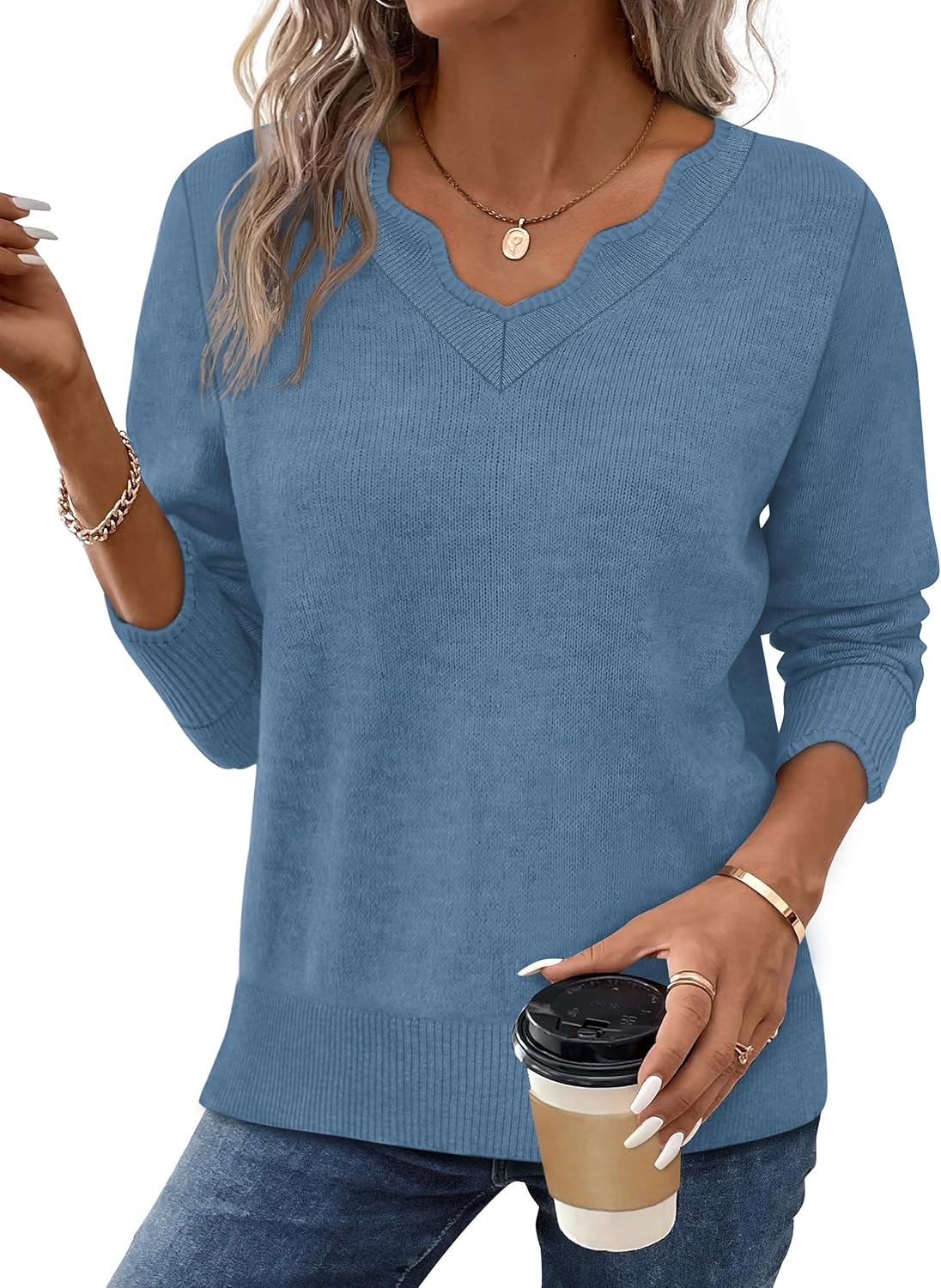 OFEEFAN Womens V Neck Sweaters Pullover Cozy Lightweight Sweaters Long Sleeve Tops Fall Outfits 2025