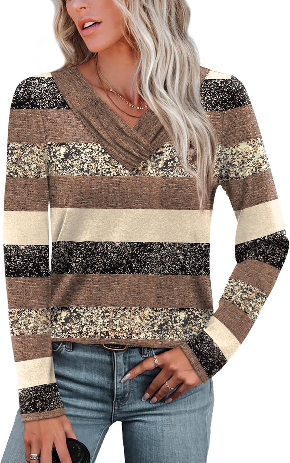 WIHOLL Long Sleeve Shirts for Women Fall Outfits V Neck T Shirts Button Down Tunic Tops Fashion Clothing