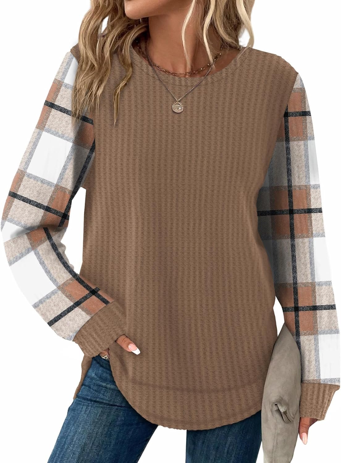 WIHOLL Tunic Tops for Women Loose Fit Dressy Waffle Knit Long Sleeve Shirts Trendy Fall Fashion Crewneck Sweaters Curved Hem