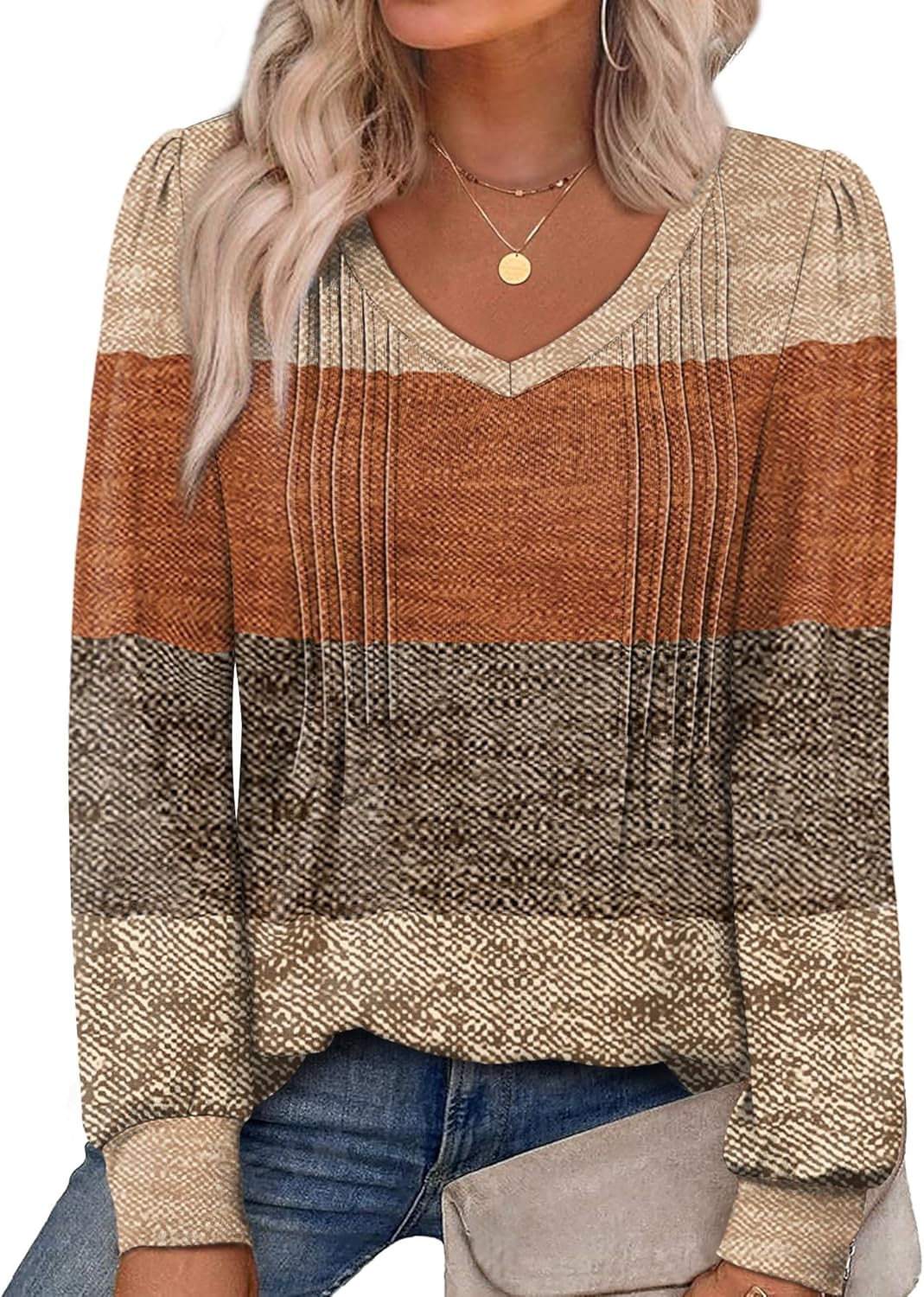 Alaroo Womens Long Sleeve Shirts Pleated V Neck Curved Hem Fall Winter Tunic Tops Blouses Print