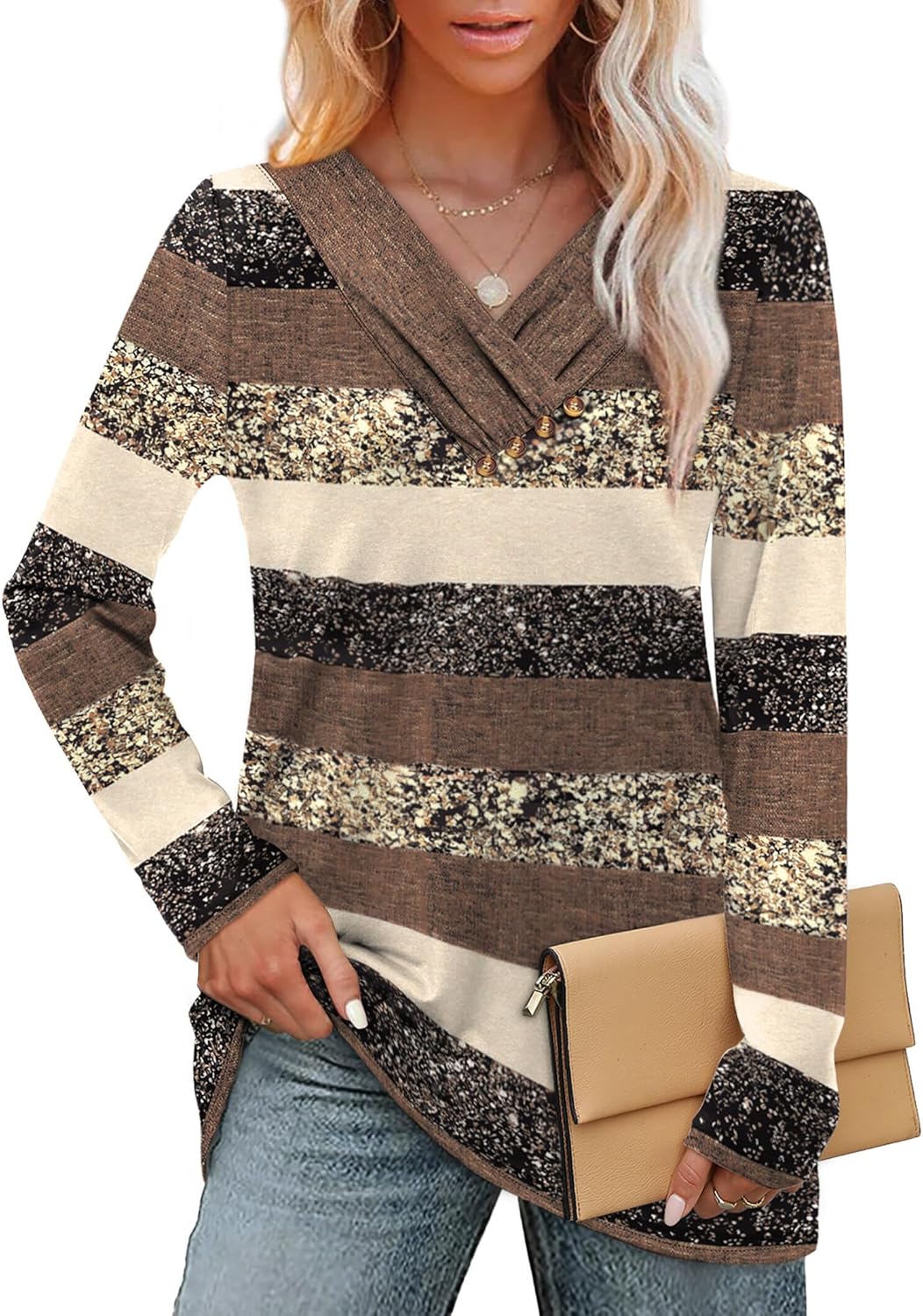 WIHOLL Long Sleeve Shirts for Women Fall Outfits V Neck T Shirts Button Down Tunic Tops Fashion Clothing