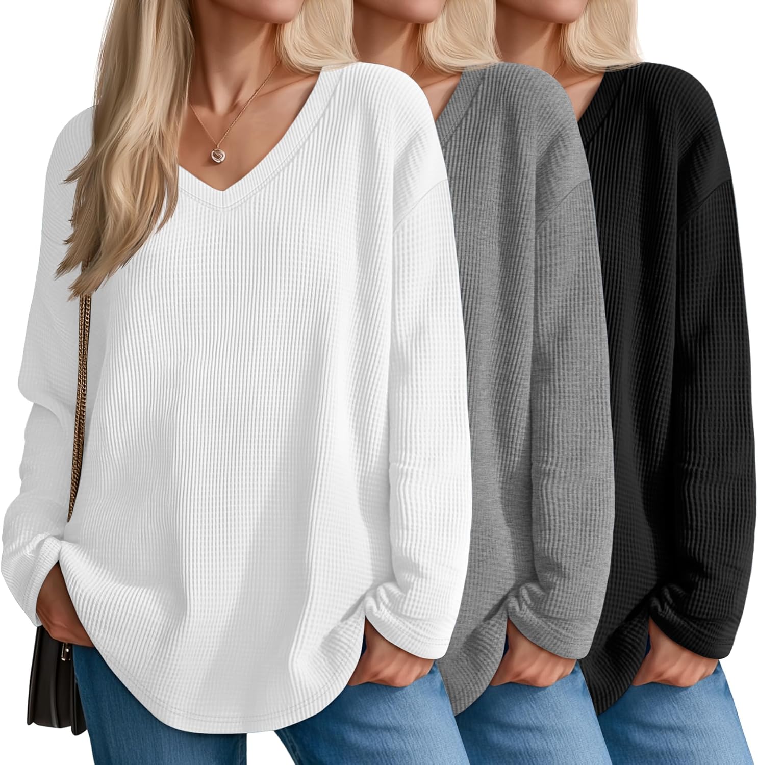 Velvelhall 3 Pack Women's Oversized Waffle Knit Shirts, V Neck Long Sleeve Top Fall Casual Sweatshirt for Women