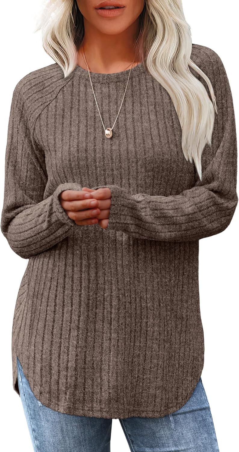 Saloogoe Long Sleeve Shirts for Women 2025 Fall Clothes Tunic Tops Loose Fit Dressy Crewneck Pullover Sweaters Curved Hem