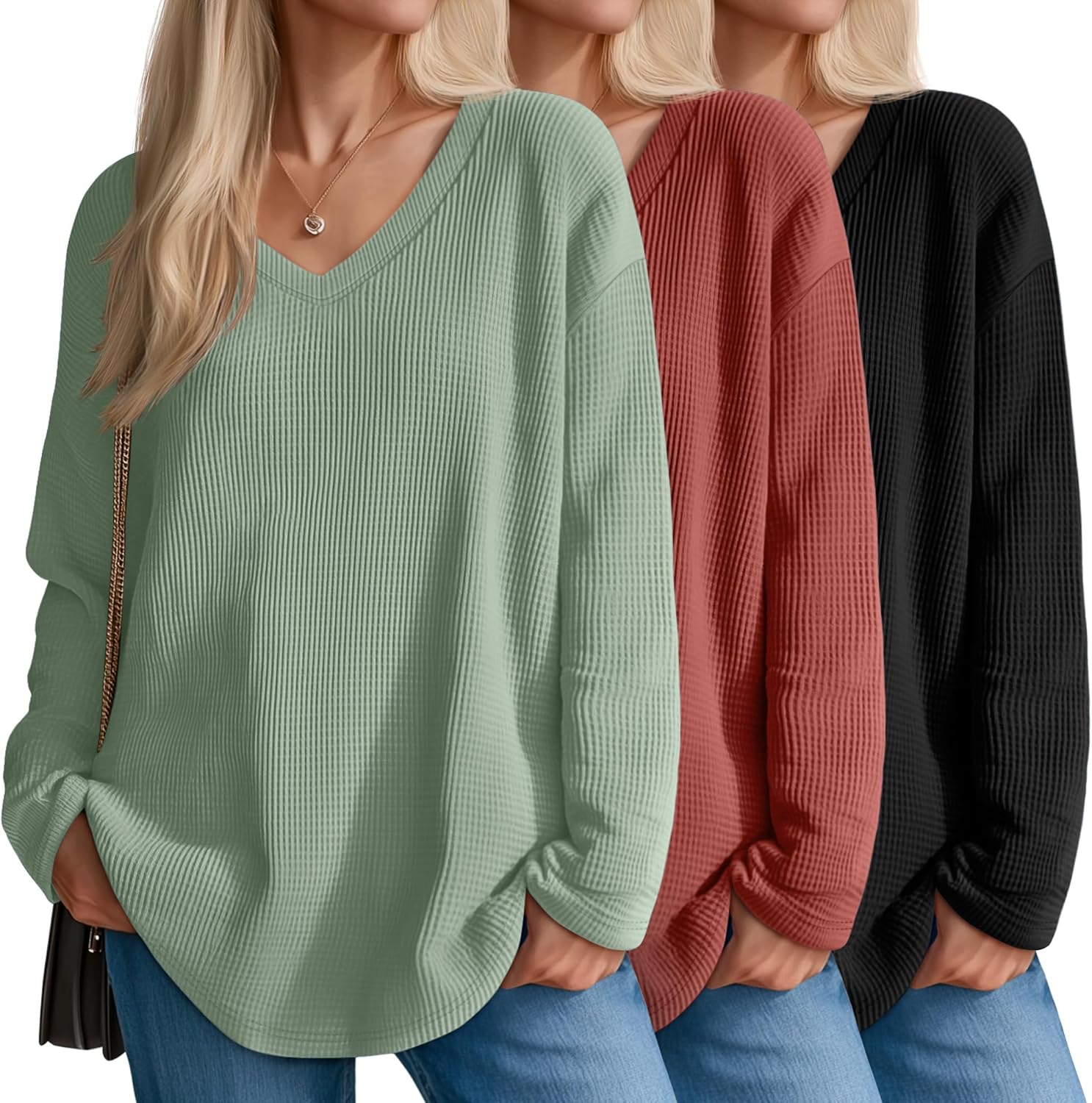 Velvelhall 3 Pack Women's Oversized Waffle Knit Shirts, V Neck Long Sleeve Top Fall Casual Sweatshirt for Women