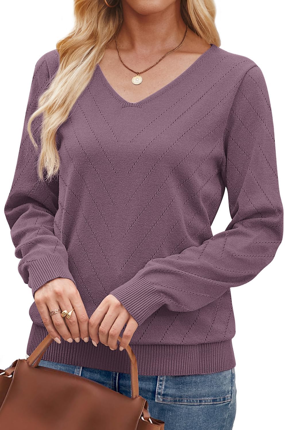WIHOLL Sweaters for Women V Neck Casual Knit Long Sleeve Tops Lightweight Pullover Clothes Fall Fashion Outfits 2026