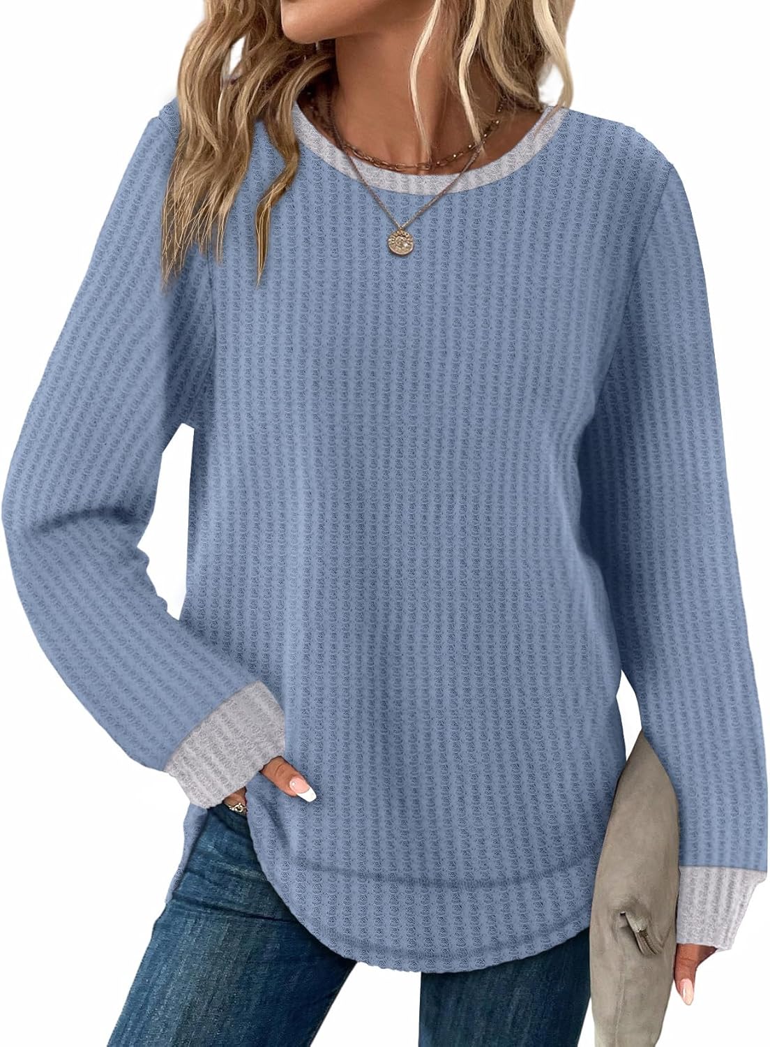 WIHOLL Tunic Tops for Women Loose Fit Dressy Waffle Knit Long Sleeve Shirts Trendy Fall Fashion Crewneck Sweaters Curved Hem