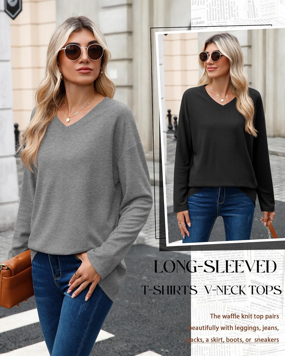 Velvelhall 3 Pack Women's Oversized Waffle Knit Shirts, V Neck Long Sleeve Top Fall Casual Sweatshirt for Women