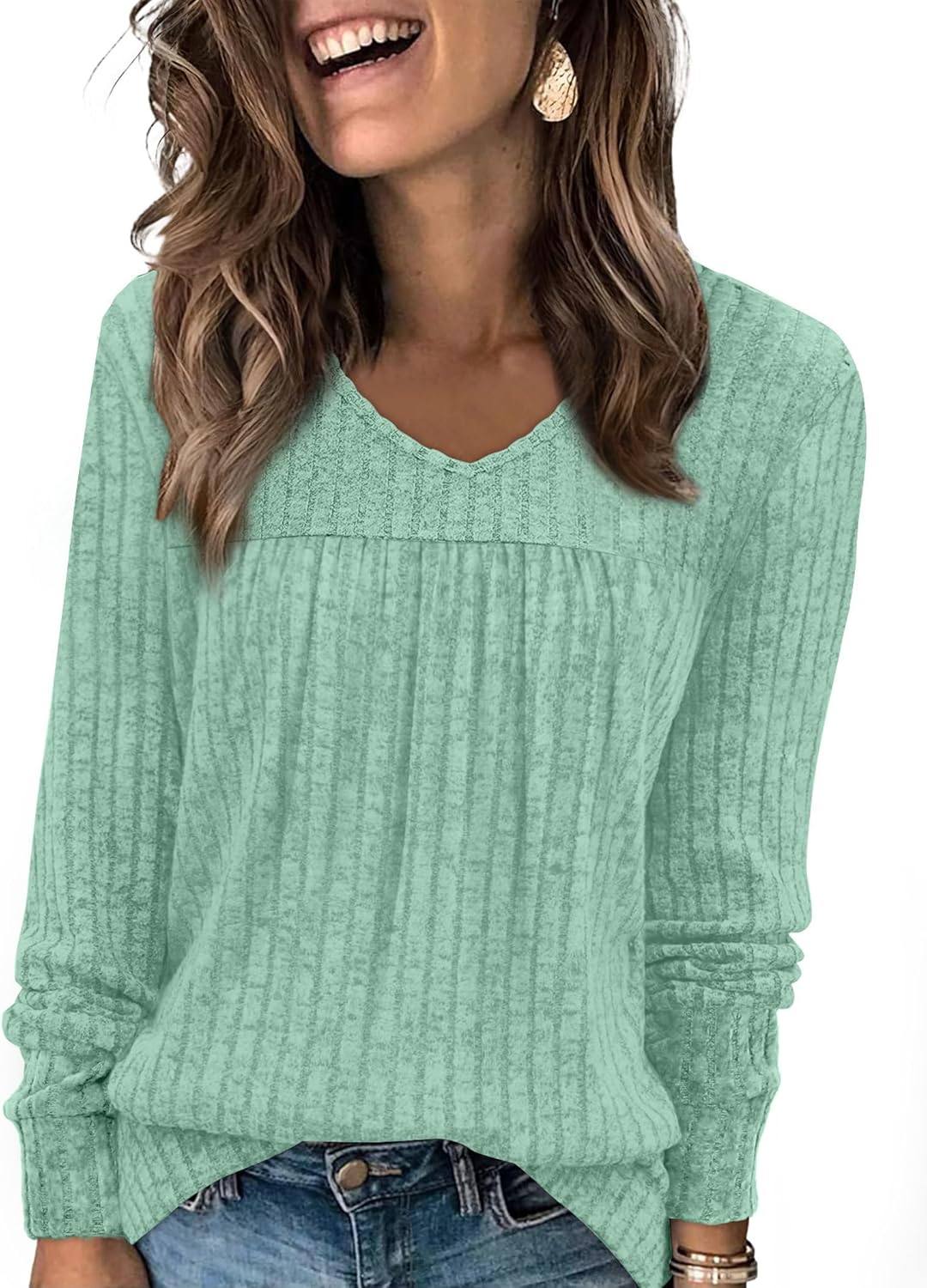 WIHOLL Long Sleeve Shirts for Women V Neck Lightweight Sweaters Casual Tunic Tops Outfits Fall Fashion Clothes 2025