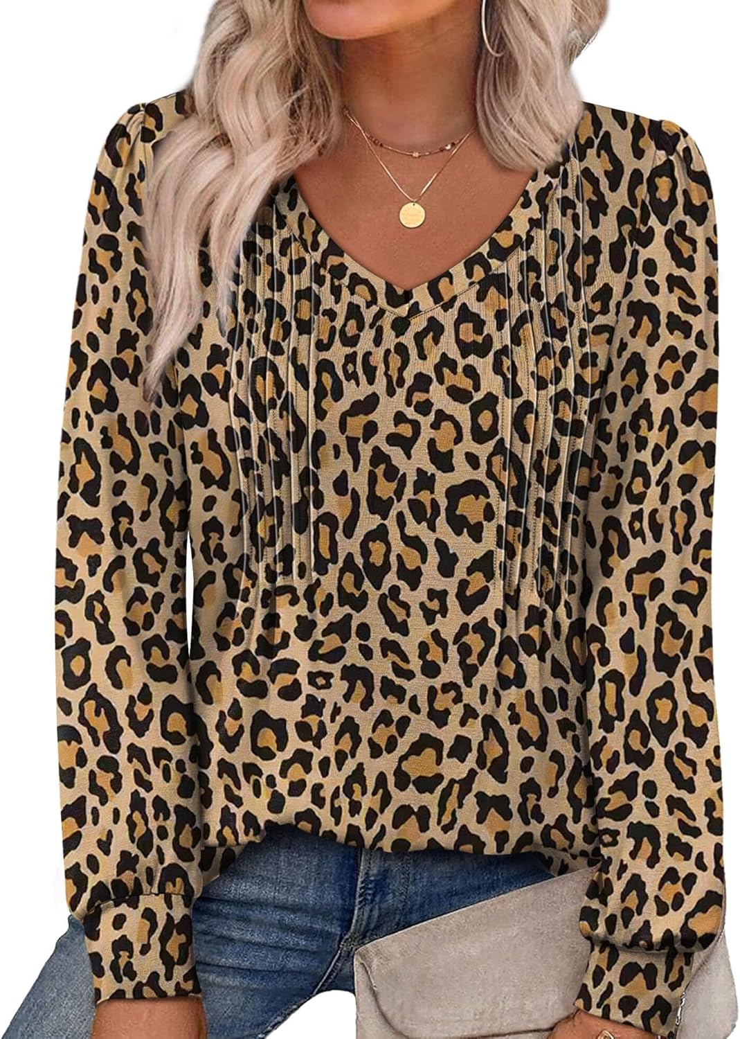 Alaroo Womens Long Sleeve Shirts Pleated V Neck Curved Hem Fall Winter Tunic Tops Blouses Print