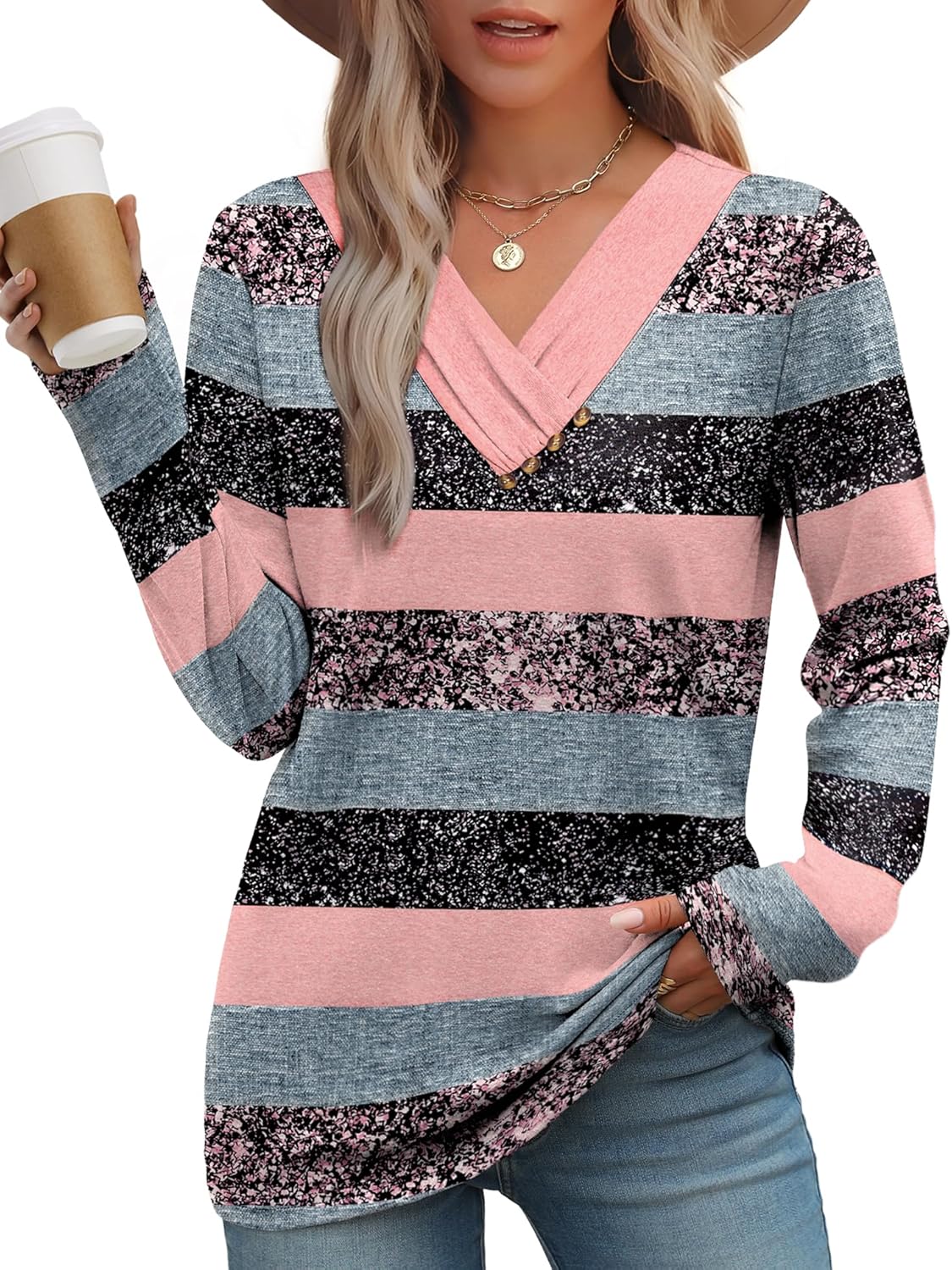 WIHOLL Long Sleeve Shirts for Women Fall Outfits V Neck T Shirts Button Down Tunic Tops Fashion Clothing