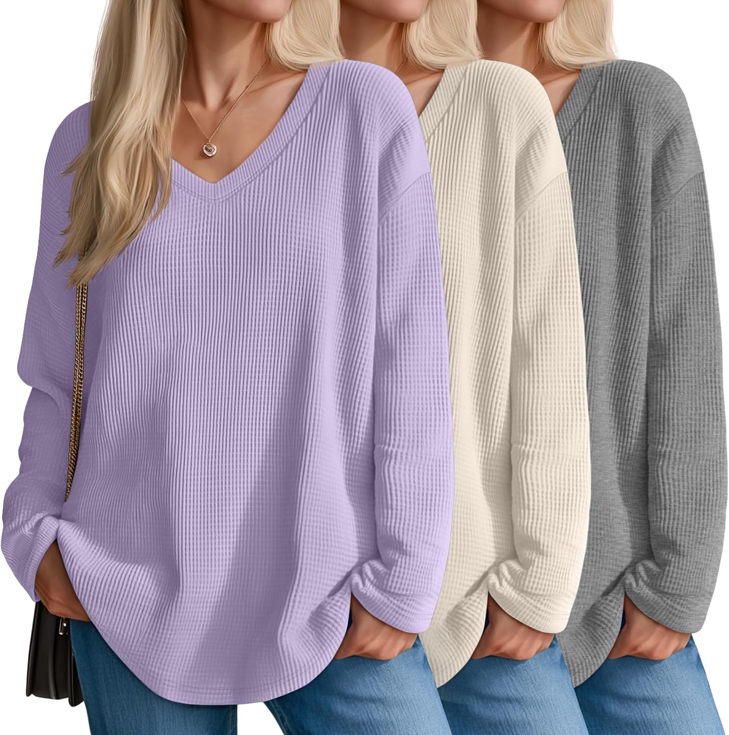 Velvelhall 3 Pack Women's Oversized Waffle Knit Shirts, V Neck Long Sleeve Top Fall Casual Sweatshirt for Women