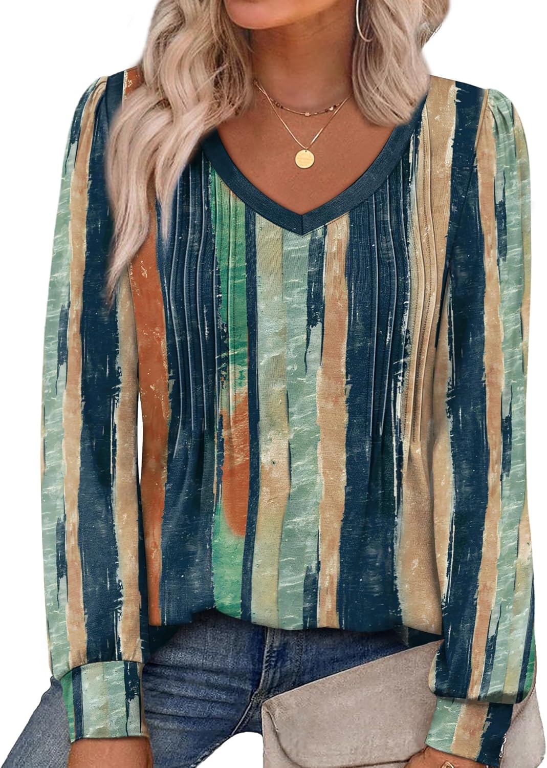 Alaroo Womens Long Sleeve Shirts Pleated V Neck Curved Hem Fall Winter Tunic Tops Blouses Print